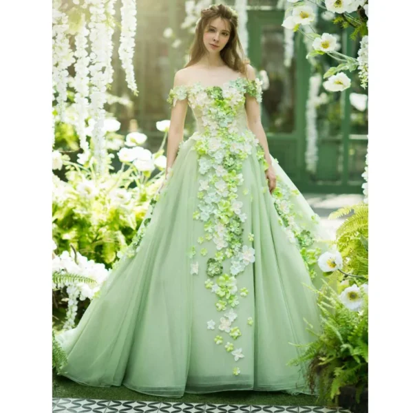 Green prom dress with 3D flowers, off-the-shoulder, A-line