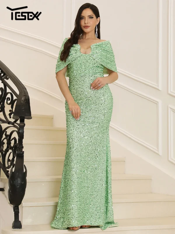 Elegant Off-Shoulder Green Prom Dress - Sequin Formal Evening Wear - Image 3