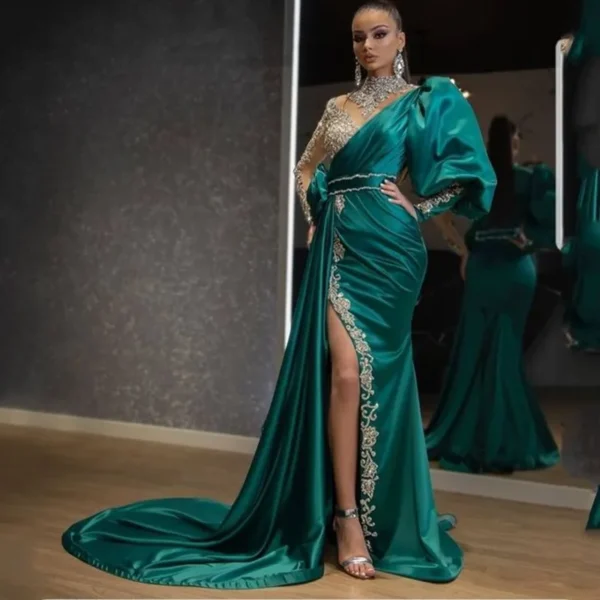 Green Prom Dress: Elegant Beaded Satin Maxi with Side Split - Image 4