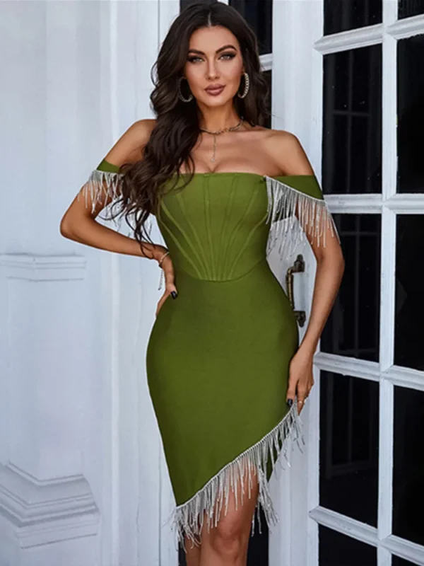 Green prom dress, sexy off-shoulder army green tassel bodycon gown