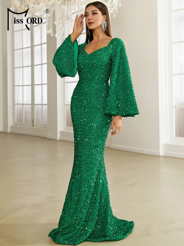 Green Prom Dress Sequin Mermaid Gown Sweetheart Neck Flare Sleeves