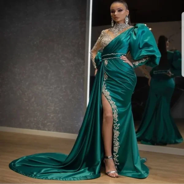 Green Prom Dress: Elegant Beaded Satin Maxi with Side Split