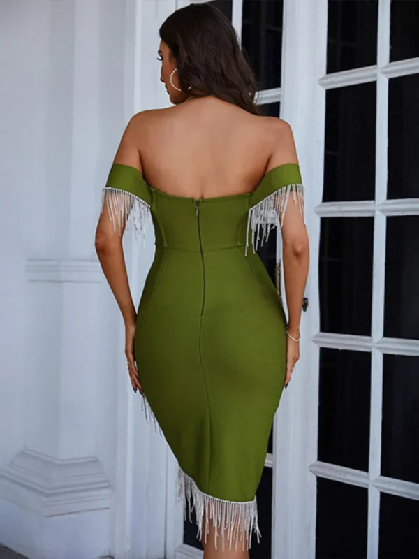 Green prom dress, sexy off-shoulder army green tassel bodycon gown - Image 3