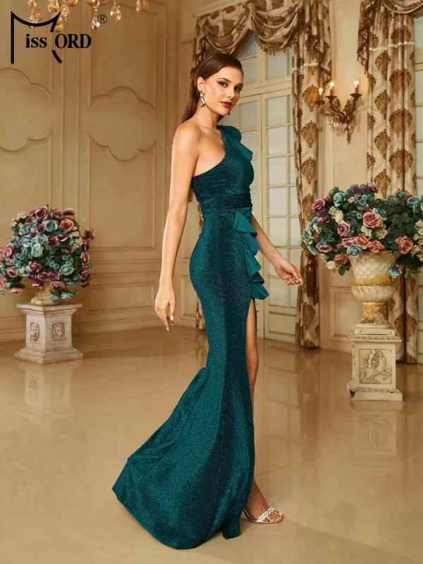 Elegant one-shoulder green prom dresses for cocktail evening parties - Image 3