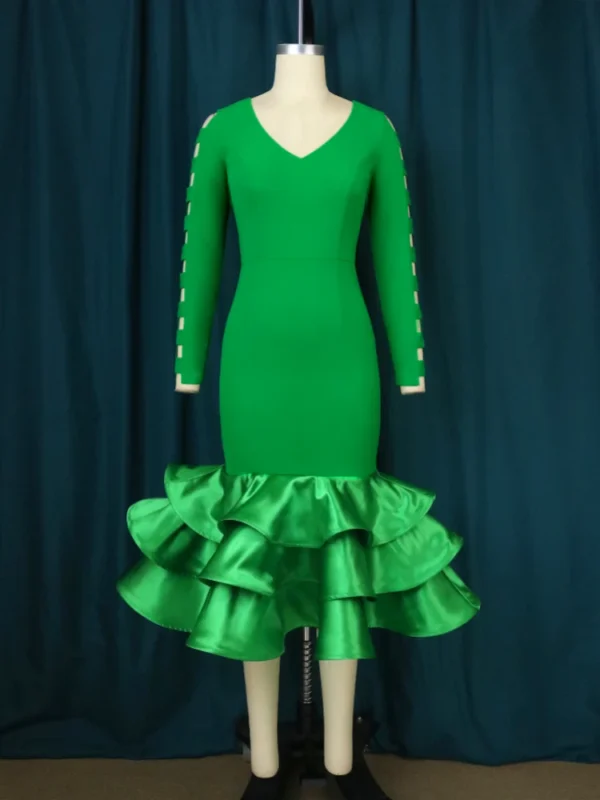 Green Prom Dress: Mermaid Bodycon, Long Sleeve, Ruffle Trim - Image 3
