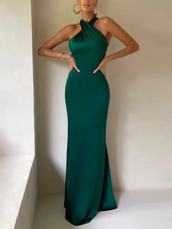 Green prom dress, elegant satin cold shoulder bodycon sleeveless maxi gown
