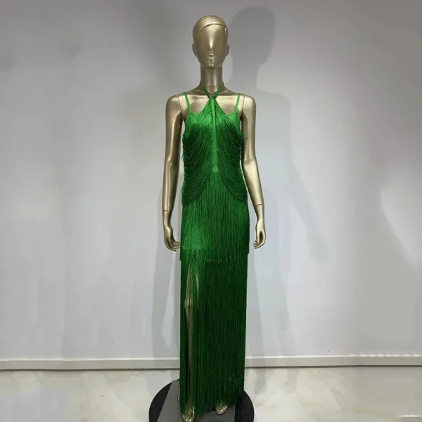 Elegant Green prom dress with fringe, sleeveless, tight bandage design - Image 4