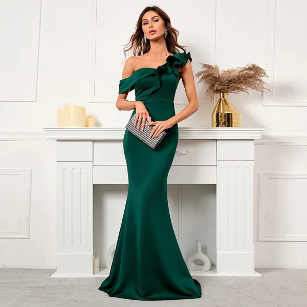 Green prom dress, one-shoulder ruffled celebrity maxi evening gown