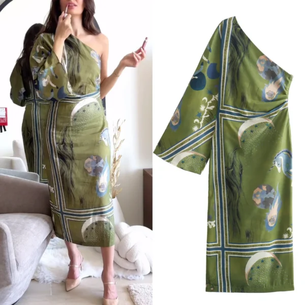 Green Prom Dress Asymmetric Midi Off Shoulder Boho Pleated Long Dress