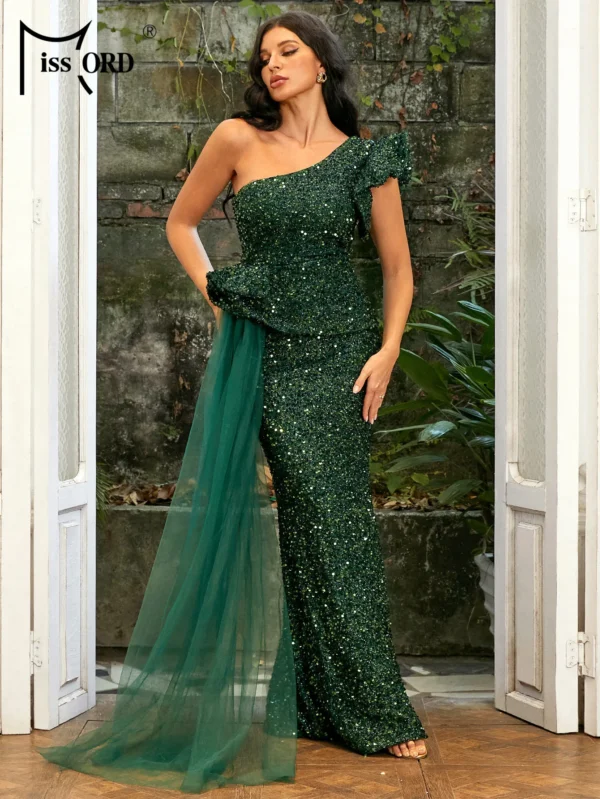 Green prom dress, elegant sequins one-shoulder flare sleeve bodycon gown - Image 3