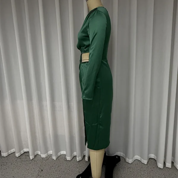 Green prom dress, elegant one-shoulder, long sleeve, nipped waist, slit - Image 5