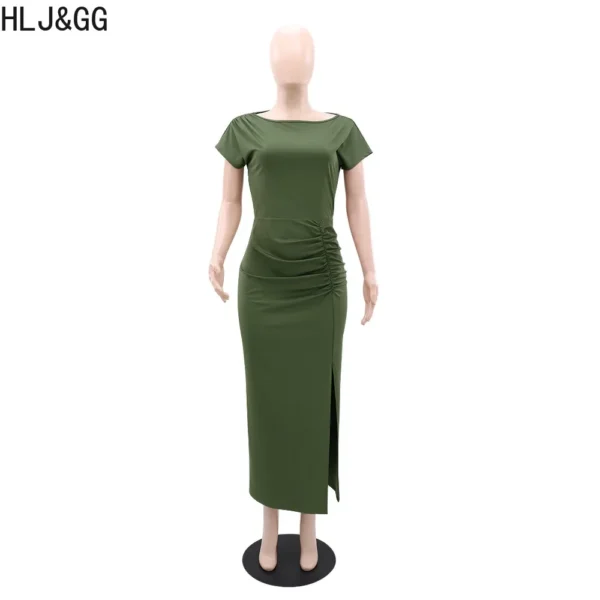 Green prom dress, solid drawstring slit bodycon slim short sleeve gown - Image 3