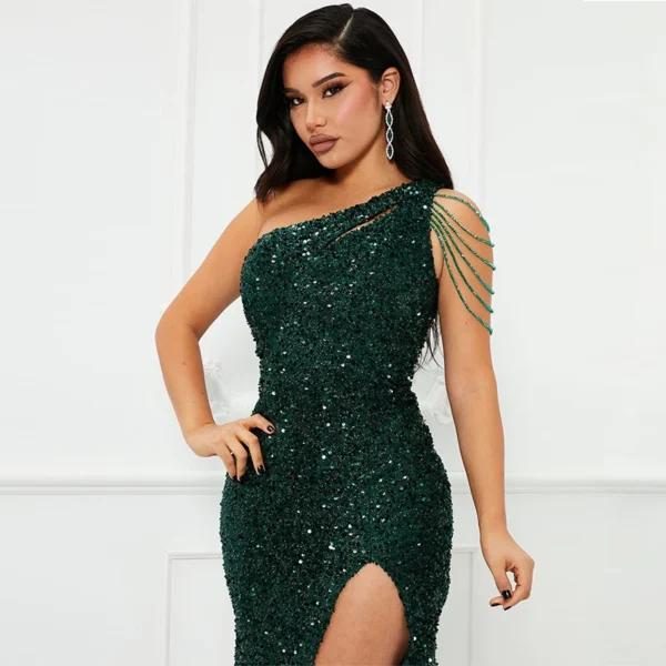 Green Prom Dress One Shoulder Sequin Slim Fit Split Long Dress