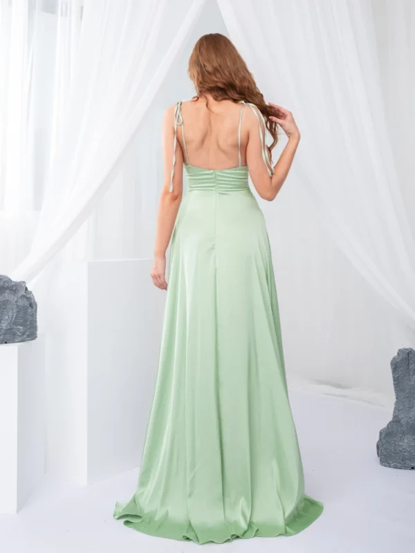 Green prom dress with tie-up straps, satin, and floor-length split - Image 4