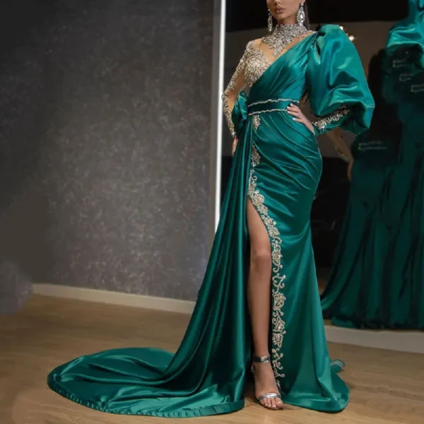 Green Prom Dress: Elegant Beaded Satin Maxi with Side Split - Image 2