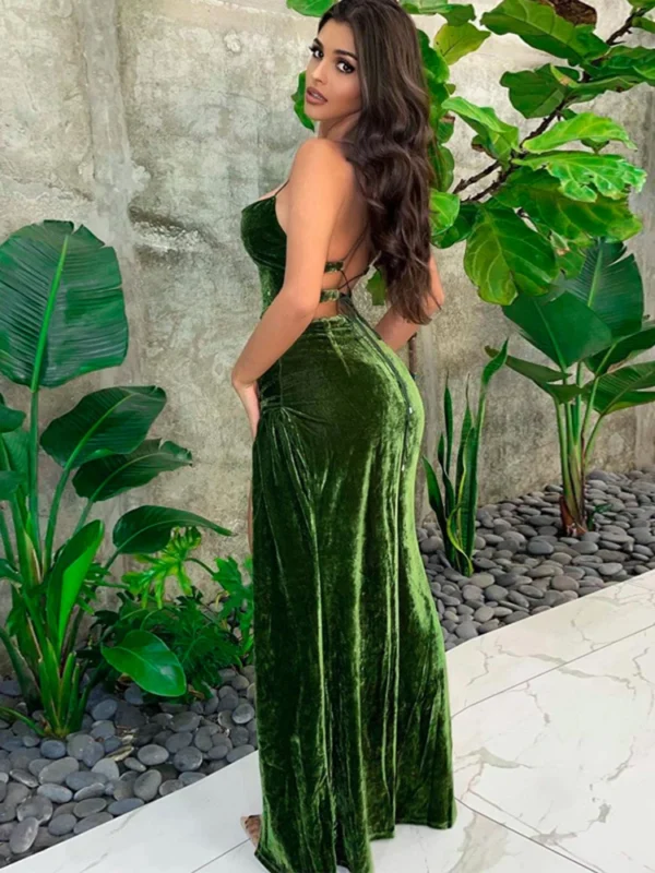 Green prom dress, velvet lace-up backless maxi side slit bodycon - Image 2