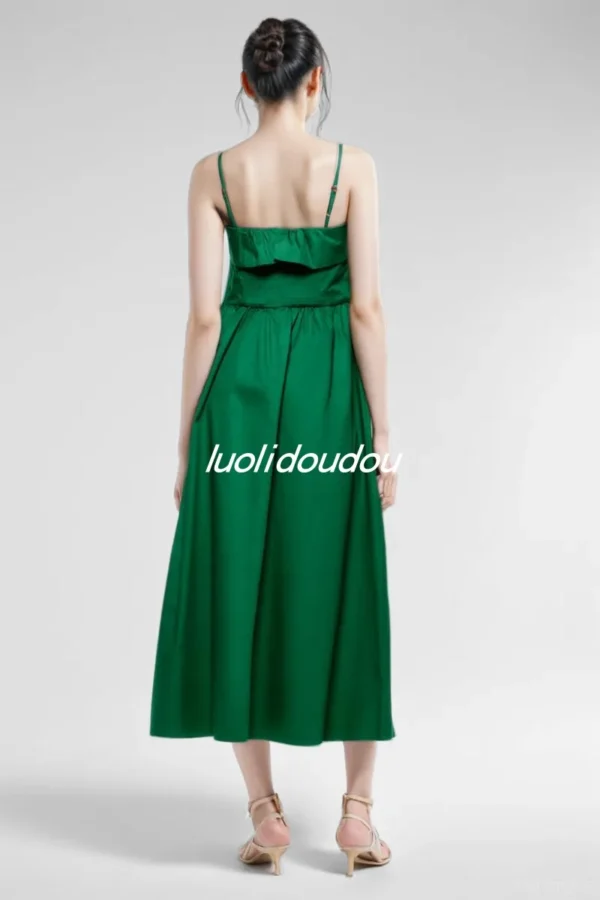 Green Prom Dress Summer Mid Length Poplin Sling Elegant Party Dress