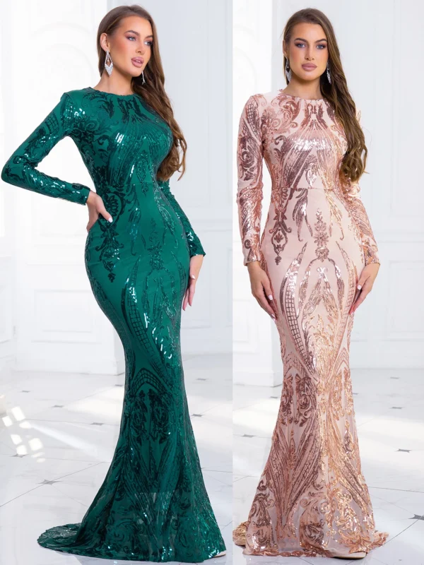 Green prom dress, stretch sequin long sleeve bodycon evening gown - Image 2