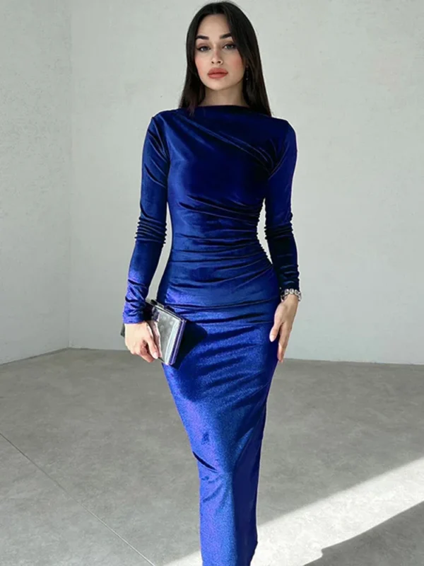Green prom dress, velvet long sleeve ruched midi evening gown - Image 4