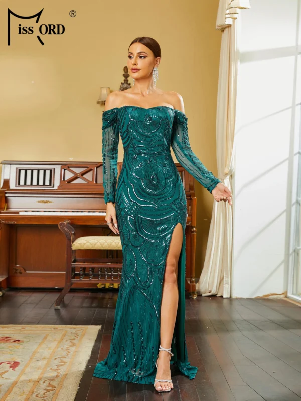 Green Prom Dress: Off-Shoulder Split Maxi Evening Party Gown