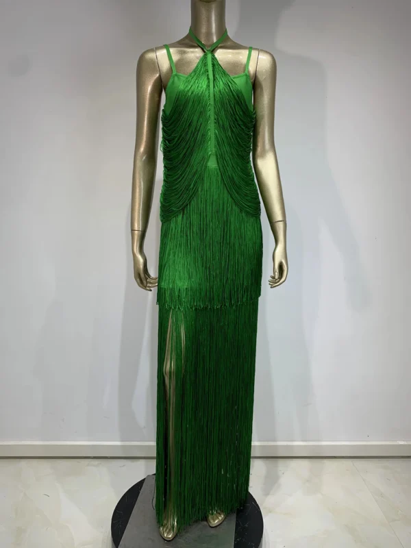 Green Prom Dress: Sexy Halter Off-Shoulder Tassel Bodycon Gown - Image 2