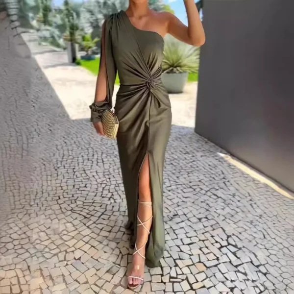 Green prom dress, sexy one-shoulder satin asymmetrical ruched midi gown - Image 2