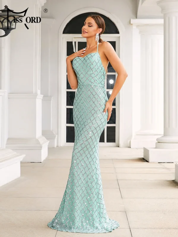 Green Prom Dress Light Halter Sequin Bodycon Mermaid Backless Formal Gown - Image 5