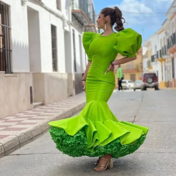 Green Prom Dress: Neon Mermaid Maxi with Puff Sleeves
