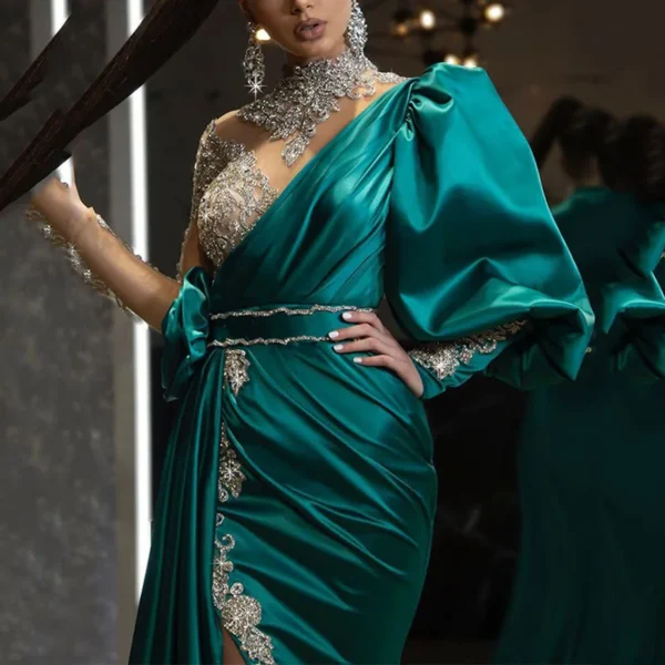 Green Prom Dress: Elegant Beaded Satin Maxi with Side Split - Image 3