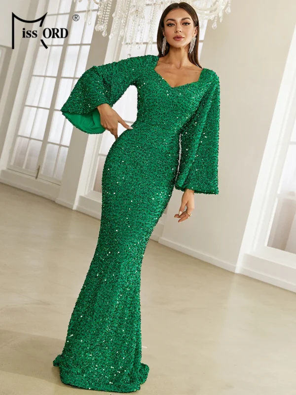 Green Prom Dress Sequin Mermaid Gown Sweetheart Neck Flare Sleeves - Image 3