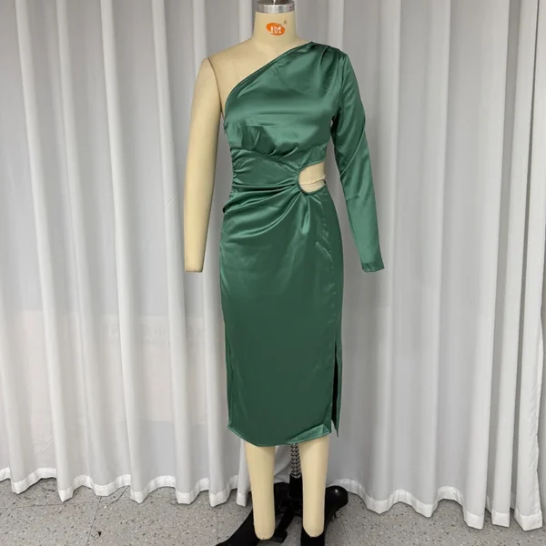 Green prom dress, elegant one-shoulder, long sleeve, nipped waist, slit - Image 3