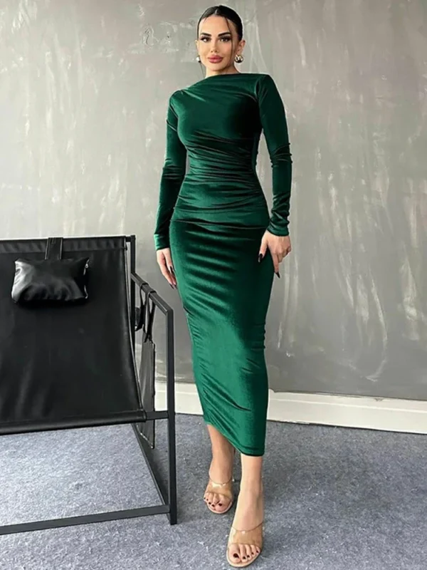 Green prom dress, velvet long sleeve ruched midi evening gown - Image 2
