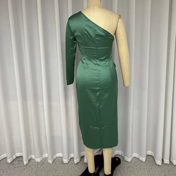 Green prom dress, elegant one-shoulder, long sleeve, nipped waist, slit - Image 4
