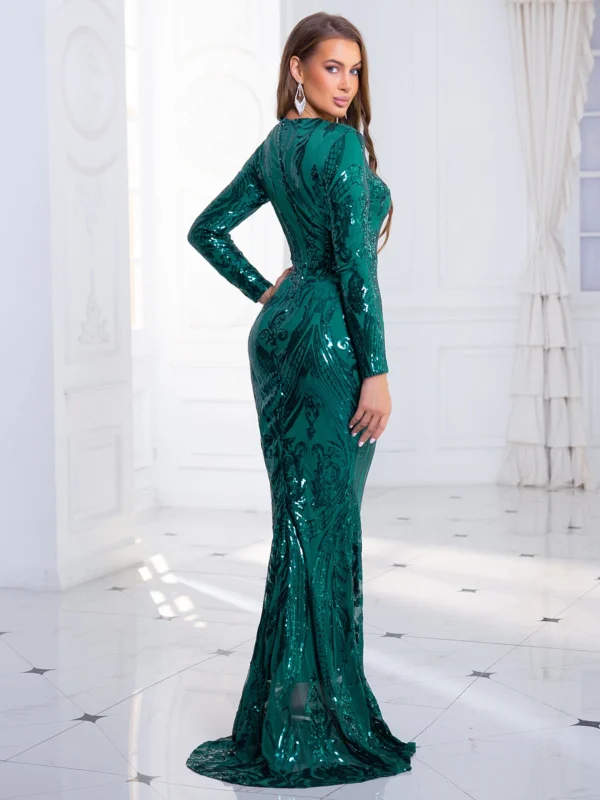 Green prom dress, stretch sequin long sleeve bodycon evening gown - Image 4