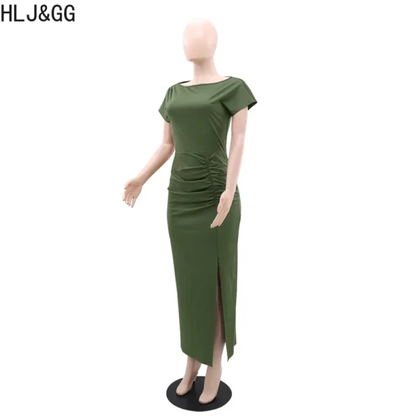 Green prom dress, solid drawstring slit bodycon slim short sleeve gown - Image 4