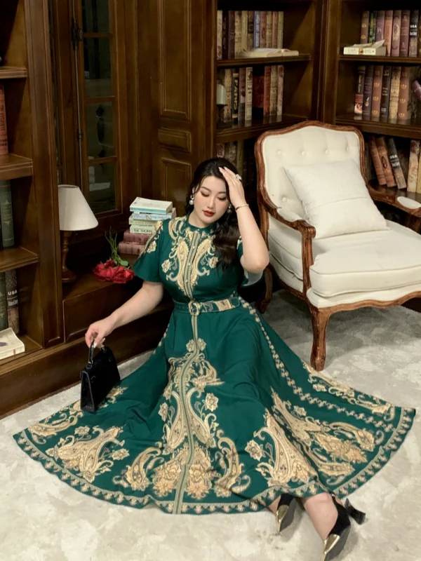 Green prom dress, floral printed short sleeves vintage evening gown - Image 3