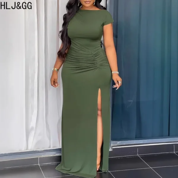 Green prom dress, solid drawstring slit bodycon slim short sleeve gown