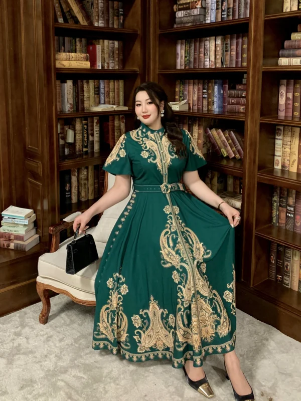Green prom dress, floral printed short sleeves vintage evening gown - Image 2