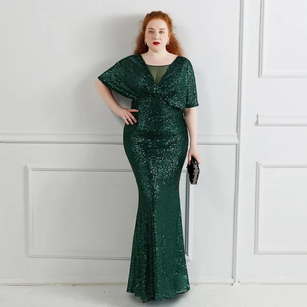 Green prom dress with black and golden sequin details for women