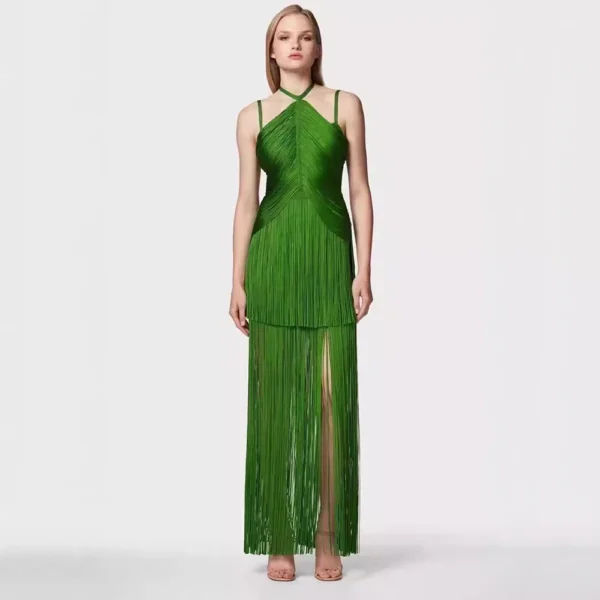 Elegant Green prom dress with fringe, sleeveless, tight bandage design