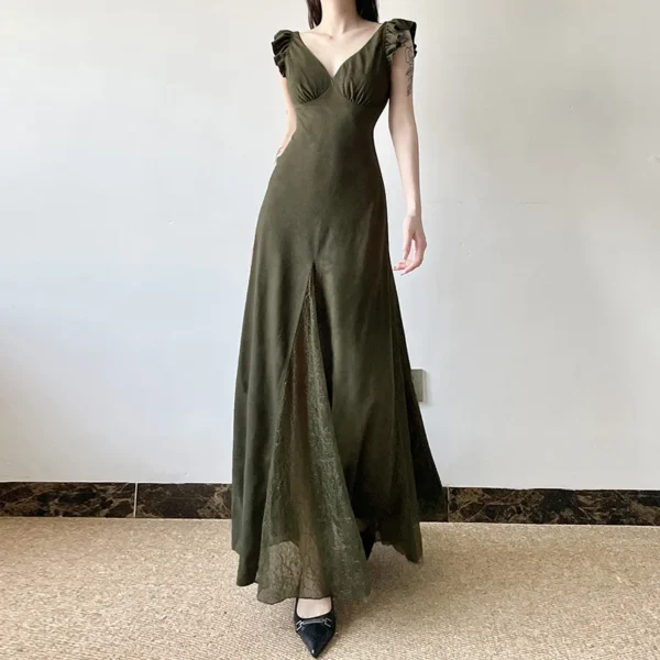 Green Prom Dress: Vintage Olive A-Line Pleated V-Neck Long Dress