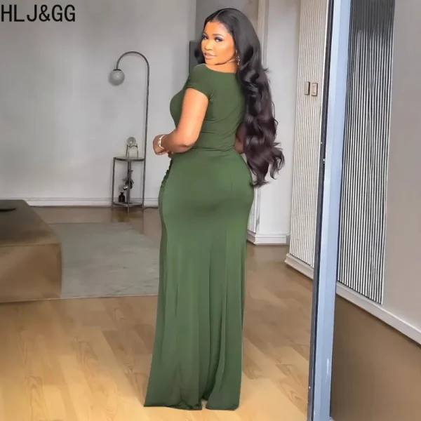 Green prom dress, solid drawstring slit bodycon slim short sleeve gown - Image 2