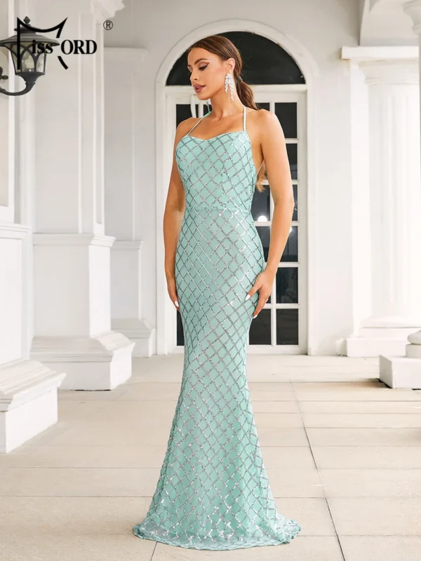 Green Prom Dress Light Halter Sequin Bodycon Mermaid Backless Formal Gown - Image 4