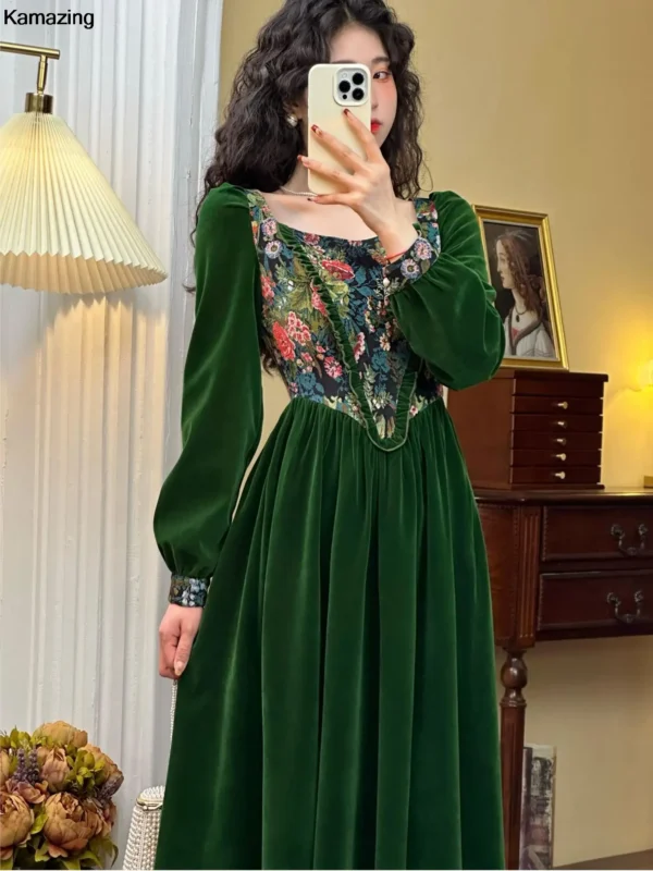 Green Prom Dress: Vintage France Velvet Floral A-line Party Dress - Image 2