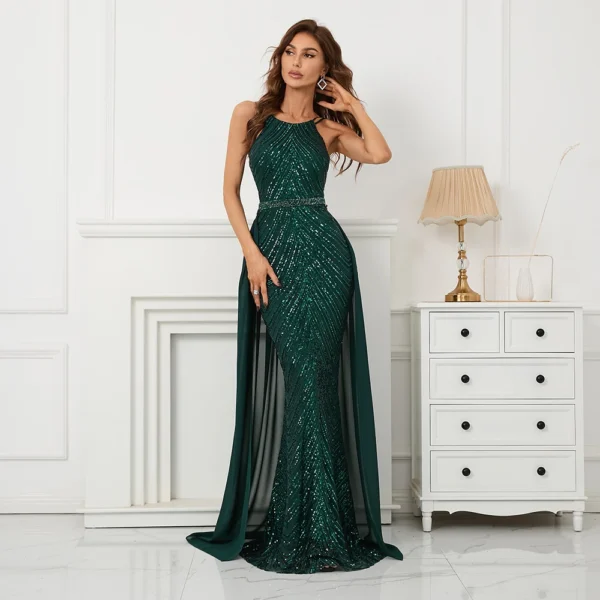 Green Prom Dress: Off-Shoulder Tassel Sequin Cross-Back Evening Gown
