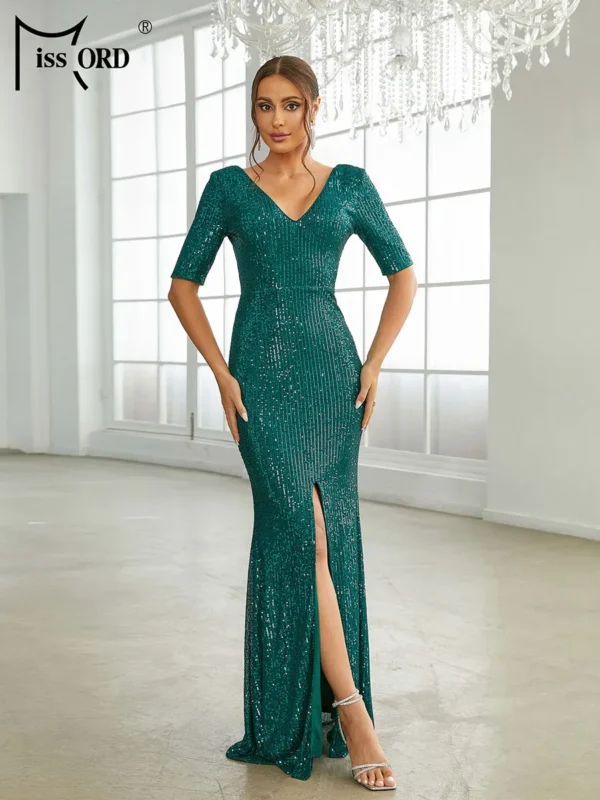 Elegant green prom dresses with sequin V-neck, half sleeves, and split skirt