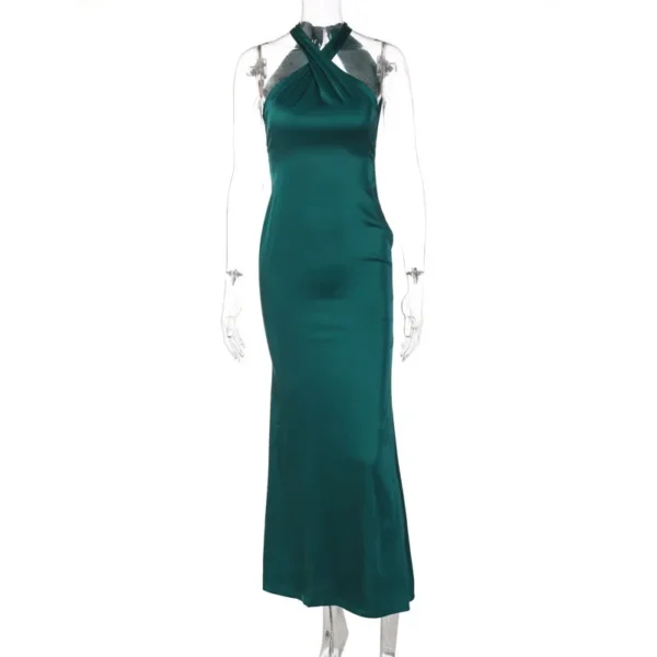 Green prom dress, elegant satin cold shoulder bodycon sleeveless maxi gown - Image 3