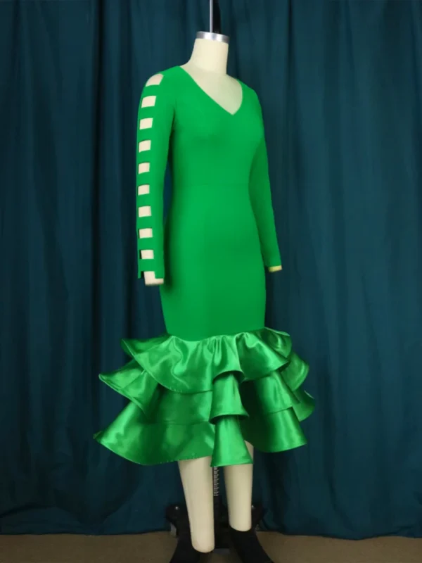 Green Prom Dress: Mermaid Bodycon, Long Sleeve, Ruffle Trim - Image 4