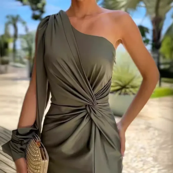 Green prom dress, sexy one-shoulder satin asymmetrical ruched midi gown - Image 4