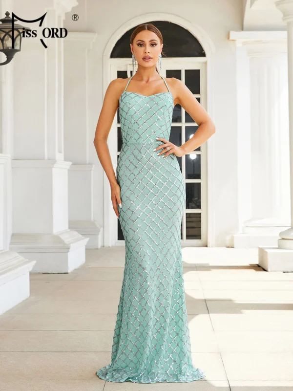Green Prom Dress Light Halter Sequin Bodycon Mermaid Backless Formal Gown